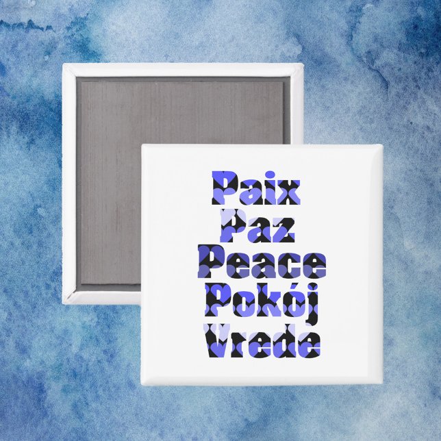 Aimant Typographie de la paix Cœurs bleus Langues (A magnet that says peace in French, Spanish, English, Polish and Swedish)