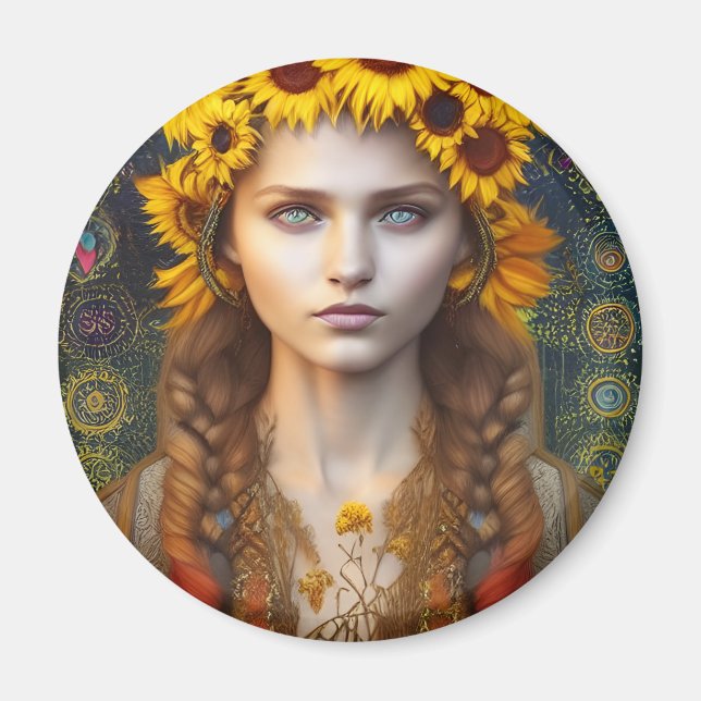 Aimant Ukrainienne fille d'amulettes et de tournesols (Devant)