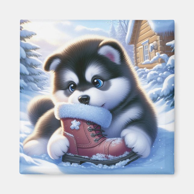 Aimant Un chiot joue avec une botte d'hiver couverte de n (Devant)