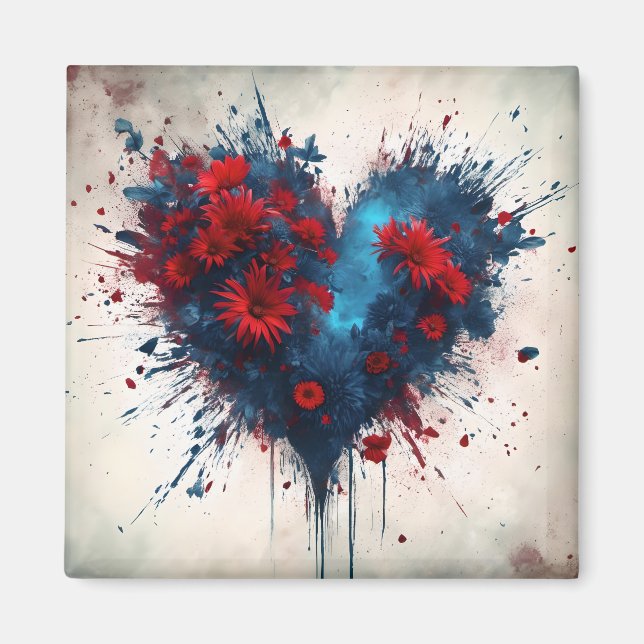 Aimant Un coeur bleu éclatant avec des fleurs rouges (Devant)