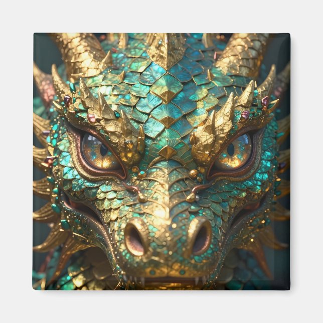 Aimant Un dragon mystique turquoise et or (Devant)