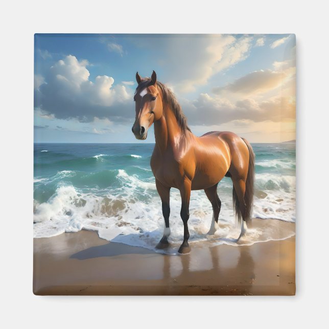 Aimant Un Étonnant Cheval Brown Sur La Plage, (Devant)