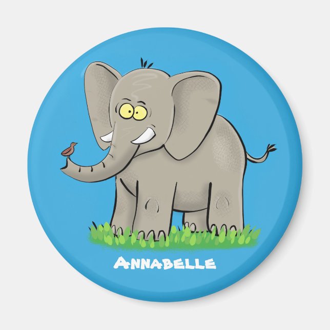 Aimant Un joli éléphant drôle avec un oiseau sur le tronc (Devant)