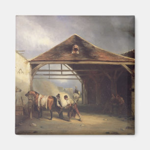 Aimant Un maréchal-ferrant chaussant un cheval