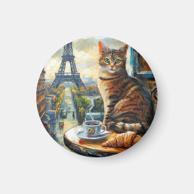 Aimant Un matin à Paris | Chat tigré dans un café (Devant)