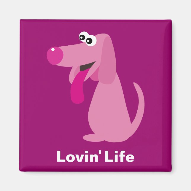 Aimant Un mignon chien de caricature rose Lovin' Vie aima (Devant)