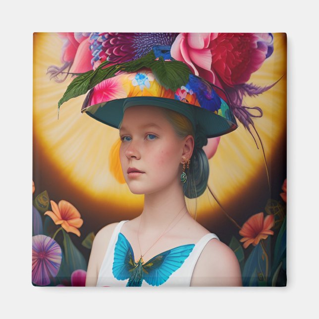 Aimant Une dame avec un casquette solaire à fleurs (Devant)