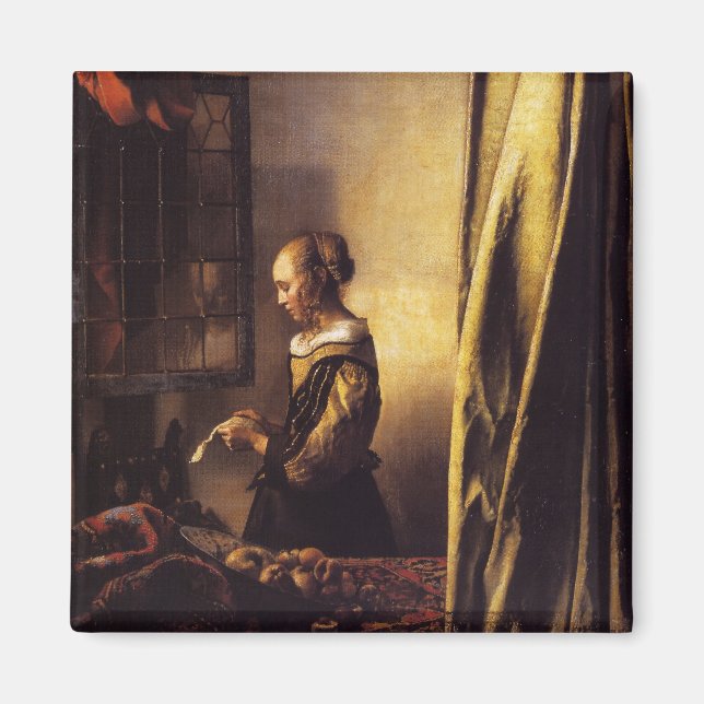 Aimant Une fille qui lit une lettre à une fenêtre ouverte (Devant)