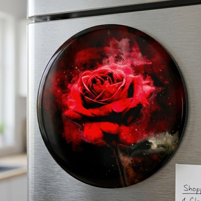 Aimant Une rose rouge aquarelle sur fond noir (One Red Rose Watercolor on Black Background. Magnet)
