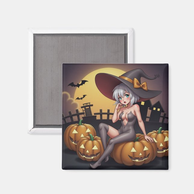 Aimant Une sorcière d'Halloween aux yeux verts sur Jack-O (Recto/Verso)