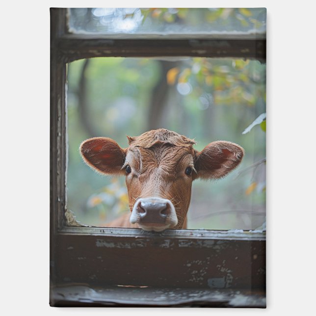 Aimant Une vache curieuse qui regarde à travers une fenêt (Recto)