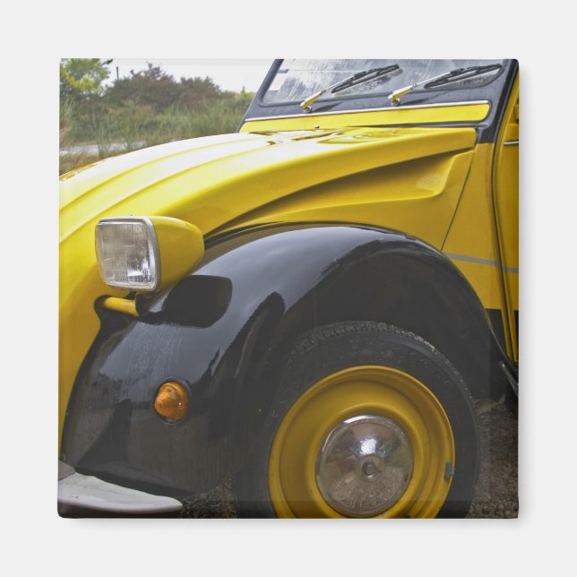 Aimant Une vieille Citroen 2CV 2 CV noire et jaune, (Devant)