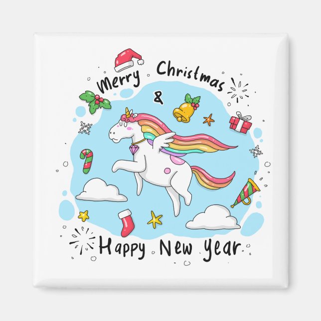 Aimant Unicorne bleue pour enfants Joyeuses fêtes (Devant)