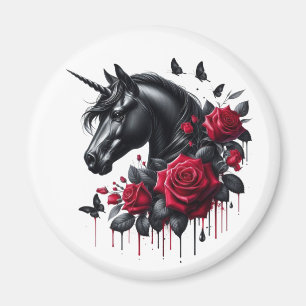 Aimant Unicorne noire entourée de Roses rouges vibrantes