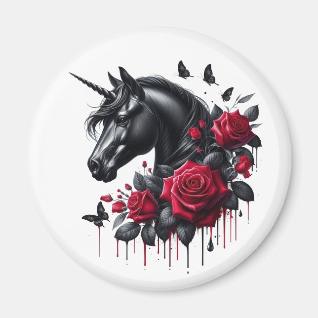 Aimant Unicorne noire entourée de Roses rouges vibrantes (Devant)
