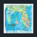Aimant USA Florida State Carte Vintage avec les faits sai<br><div class="desc">USA Florida State Illustrated Art Print Retro Vintage Map with Touristic Highlights. C'est le souvenir parfait,  cadeau ou rappel.</div>