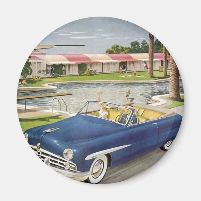 Aimant Vacances d'été vintage, voiture décapotable et mot (Devant)