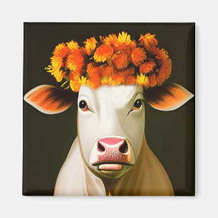 Aimant Vache blanche avec portrait de couronne florale au