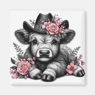 Aimant Vache des Highlands Chapeau Floral Art Rustique de