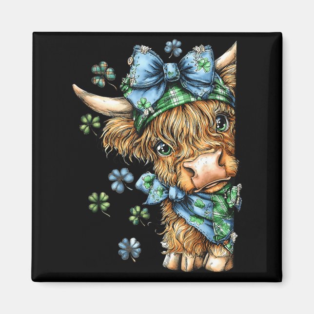 Aimant Vache highland shamrock coquette noeud St-Patrick (Devant)