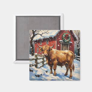 Aimant Vache Highland vintage à la grange de Noël enneigé