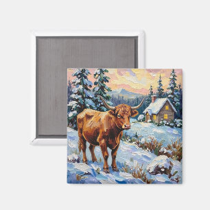 Aimant Vache Highland vintage dans une prairie de Noël en