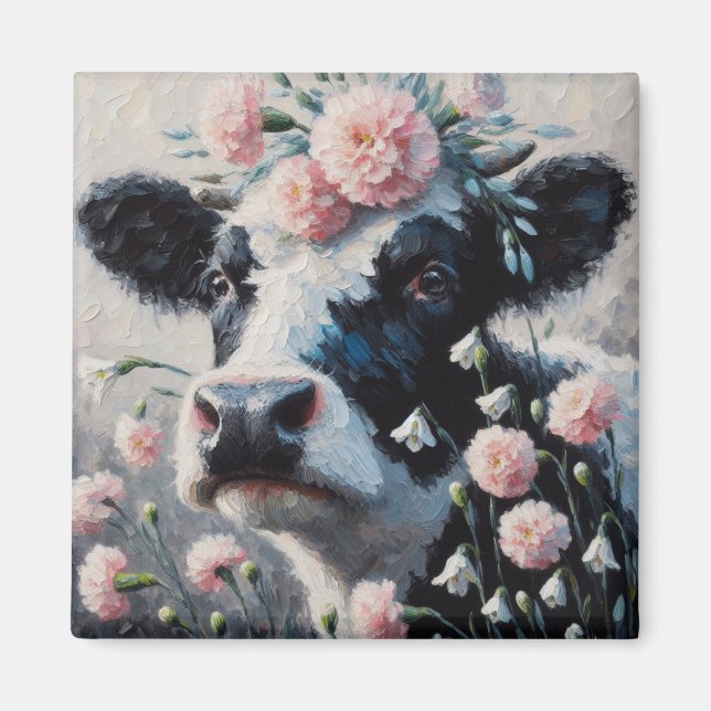 Aimant Vache Holstein dans les fleurs Agritourisme peintu (Devant)