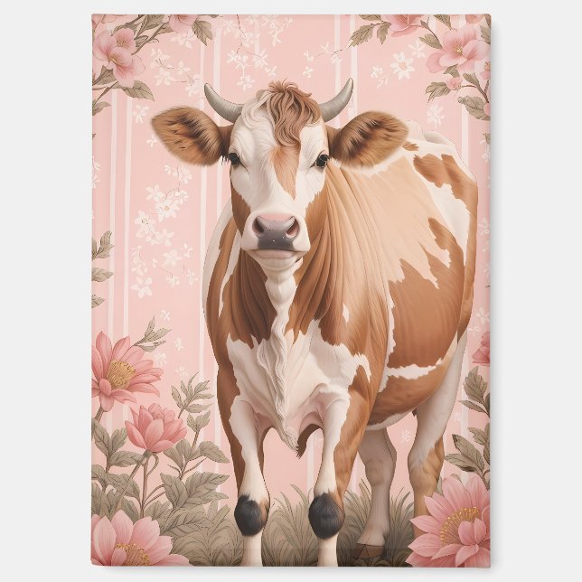 Aimant Vache Jersey Adorable Fleur Rose (Recto)