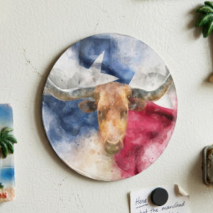 Aimant Vache Longhorn avec Texas Drapeau Carte Aquarelle