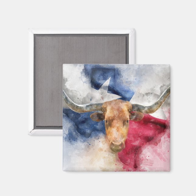 Aimant Vache Longhorn avec Texas Drapeau Carte Aquarelle (Recto/Verso)