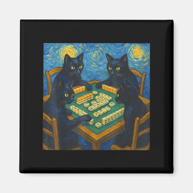 Aimant Van gogh starry night cat playing mahjong chinese (Devant)