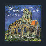Aimant van Gogh, The Church at Auvers, Save the Date<br><div class="desc">Save the Date customizable magnet. The Church at Auvers (1890) by Vincent van Gogh is a vintage post impressionism fine art religious painting featuring a woman walking along a path towards the village chapel with beautiful stained glass windows. A daily life architecture scene. About the artist: Vincent Willem van Gogh...</div>