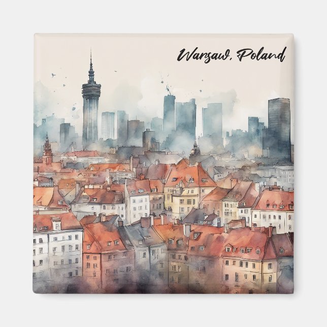Aimant Varsovie colorée Pologne Aquarelle Skyline (Devant)
