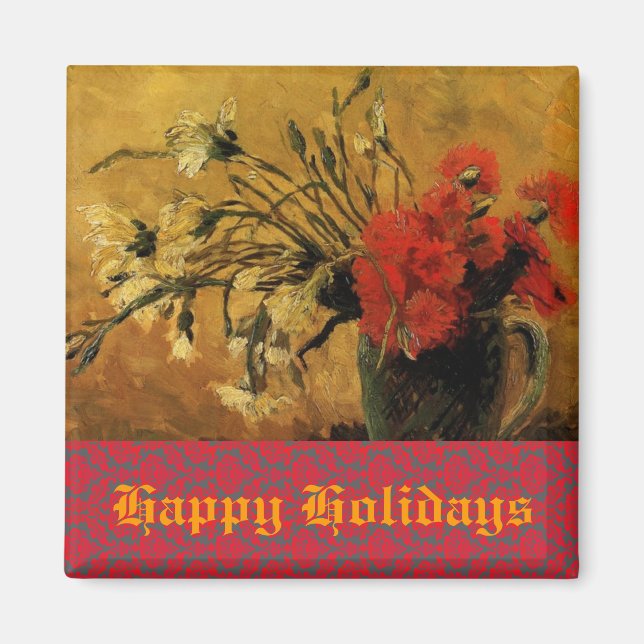 Aimant vase avec oeillets rouges et blancs, joyeuses fête (Devant)