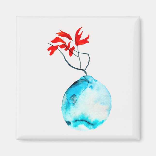 Aimant Vase bleu Ikebana aquarelle art (Devant)
