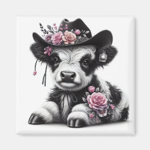 Aimant Veau mignon portant un chapeau orné de fleurs