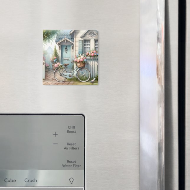 Aimant Vélo de chalet bleu avec panier à fleurs de printe (In situ (réfrigérateur))