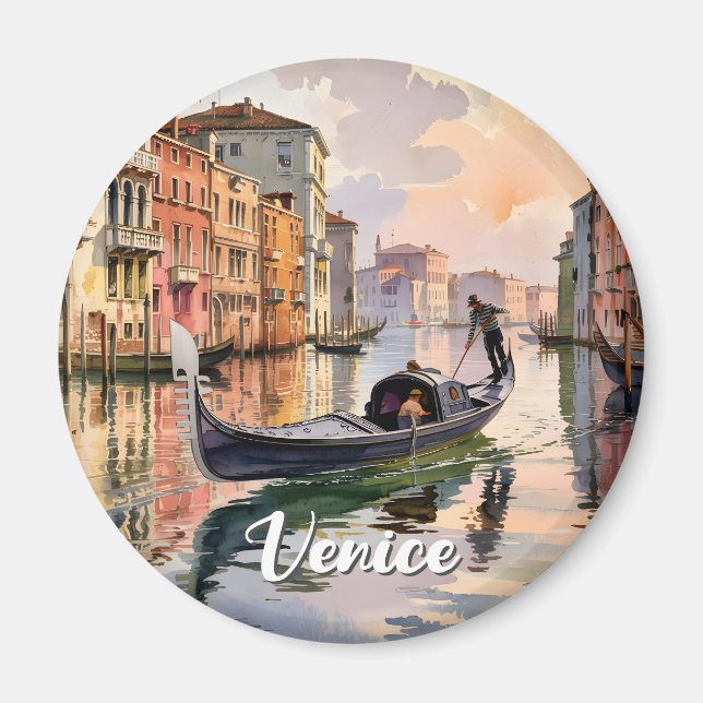Aimant Venice Gondola Ride Watercolor Canal Colorful Art (Devant)