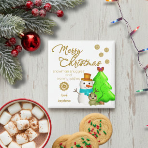 Aimant Ver de dessin animé, bonhomme de neige et sapin de