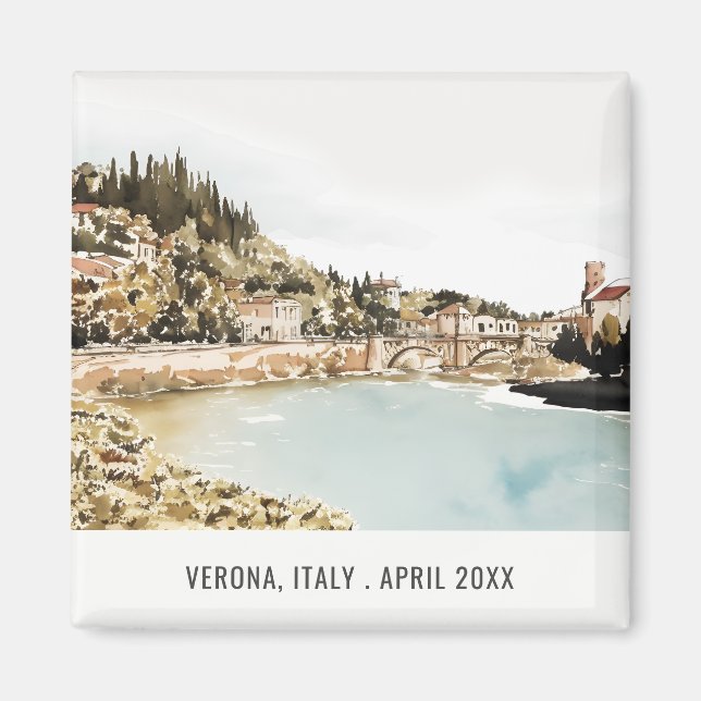 Aimant Verona Adige River Italie Aquarelle Voyage italien (Devant)