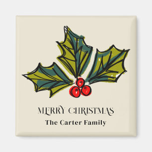 Aimant Vert et rouge Aquarelle Holly Berry