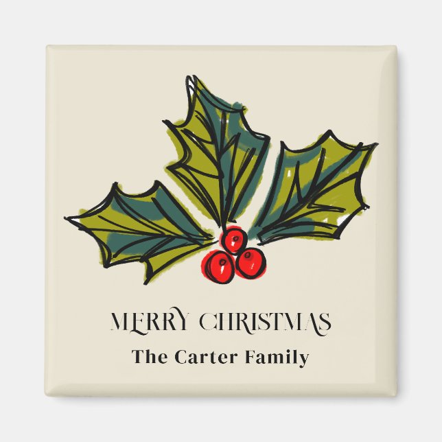 Aimant Vert et rouge Aquarelle Holly Berry (Devant)