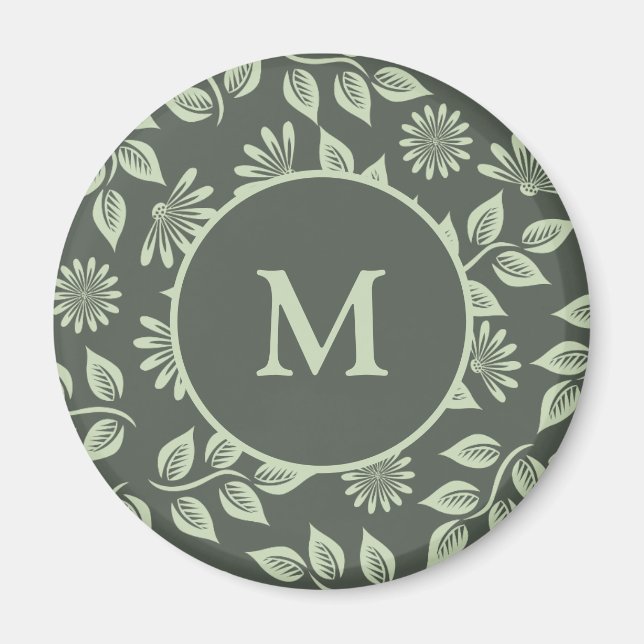 Aimant Vert sauge élégant monogramme floral vintage (Devant)
