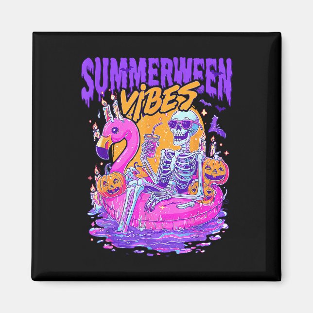 Aimant Vibes de Summerween Flamant rose squelette effraya (Devant)