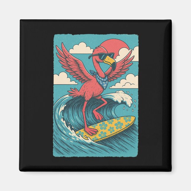 Aimant Vibes d'été flamant rose surfant sur la plage vaca (Devant)