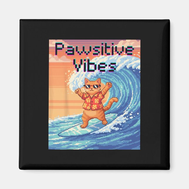 Aimant Vibes Positives Chat Surfant - Vague d'Art Pixel (Devant)