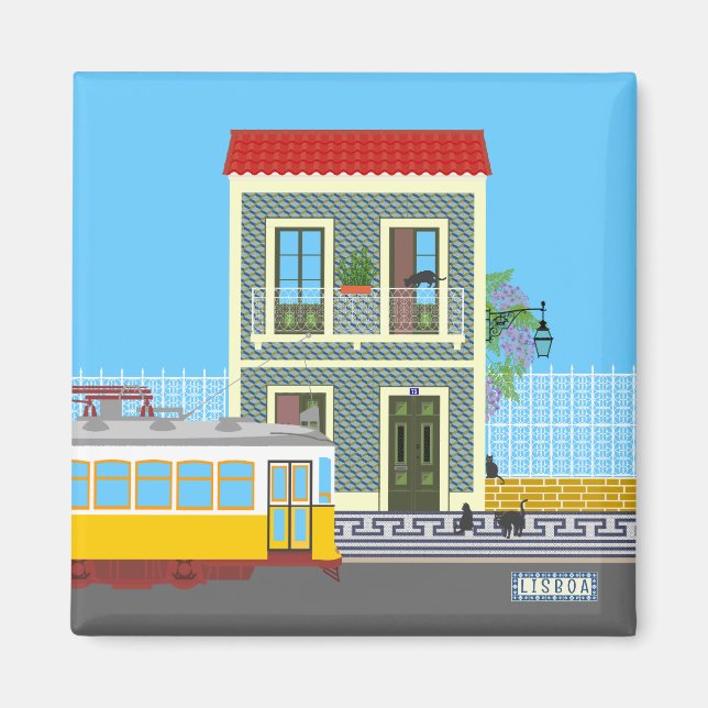 Aimant Vieille maison de Lisbonne avec chats et tramway j (Devant)