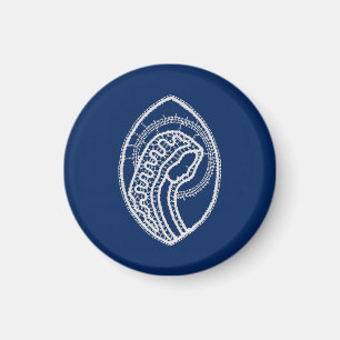 Aimant Vierge Marie, dentelle blanche, bleu marine