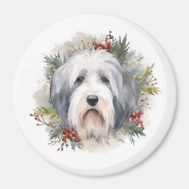 Aimant Vieux anglais Sheepdog Christmas Wreath Festive Pu (Devant)