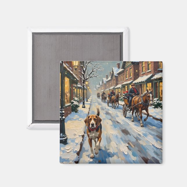 Aimant Vieux Beagle dans une rue victorienne enneigée à N (Recto/Verso)